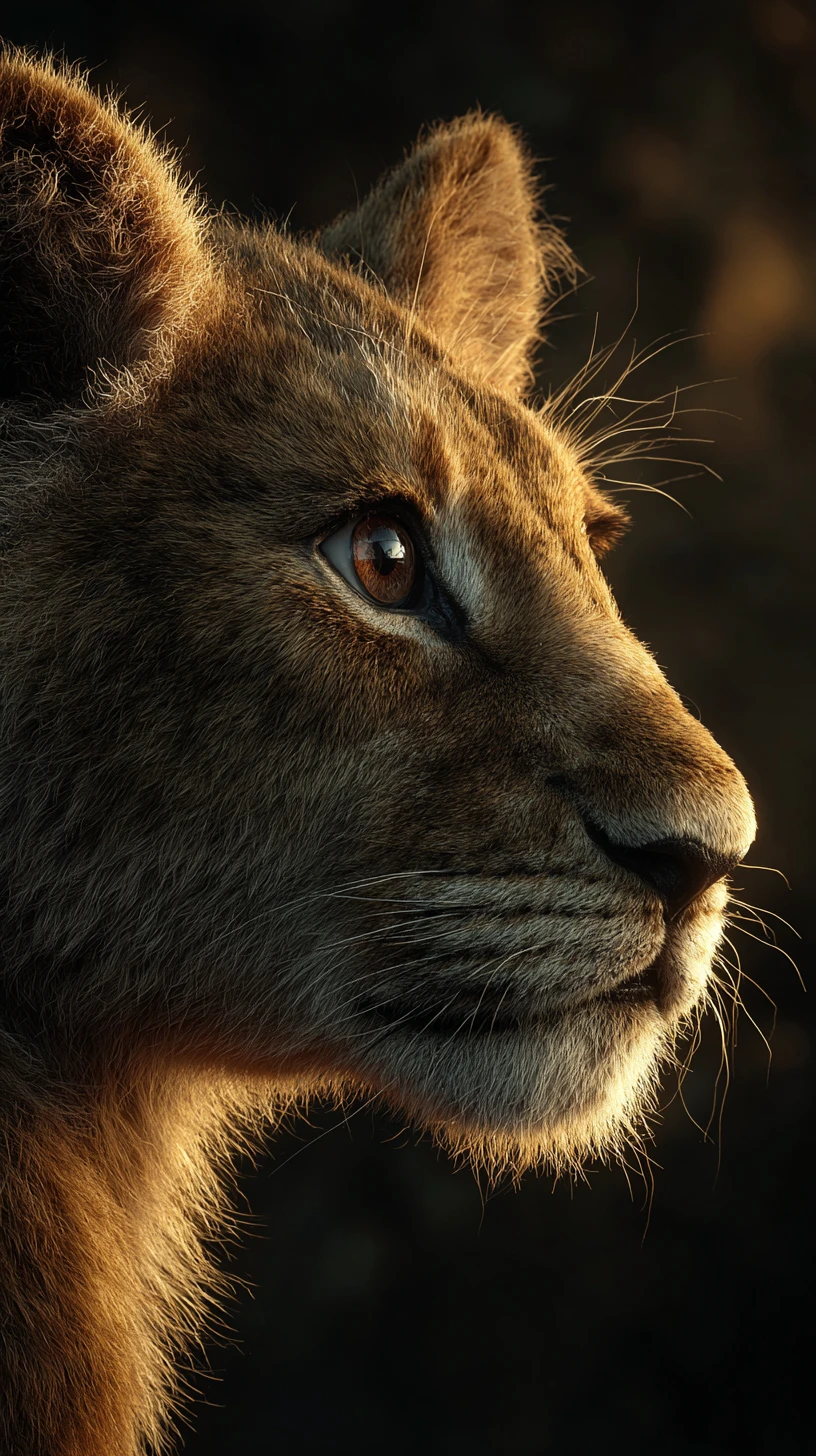 Cinematic close up portrait of a lion cub in sunlight