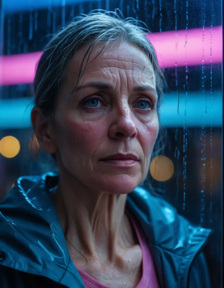 Pensive middle aged woman by rainy neon lit city window