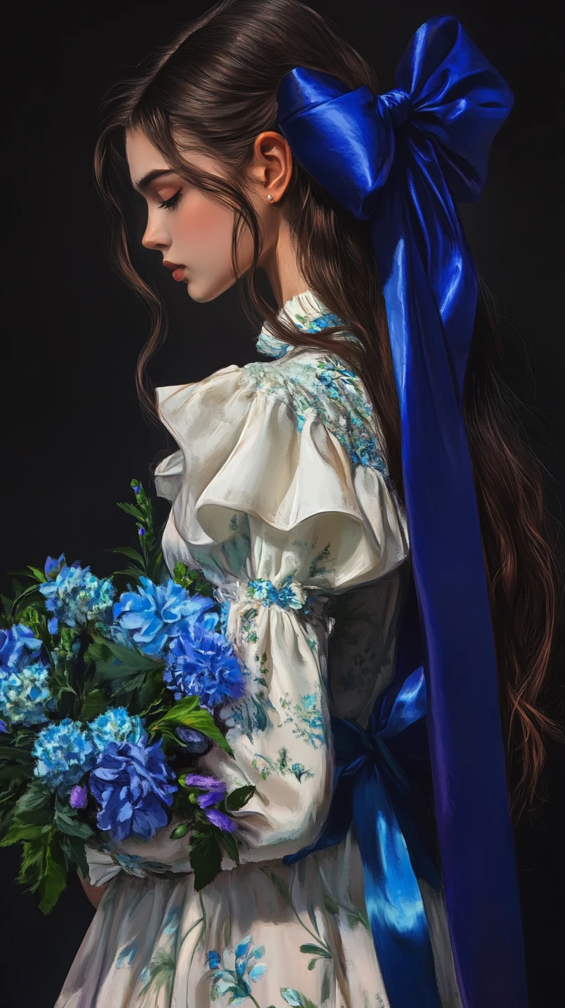 Melancholic anime girl with blue ribbon and floral dress