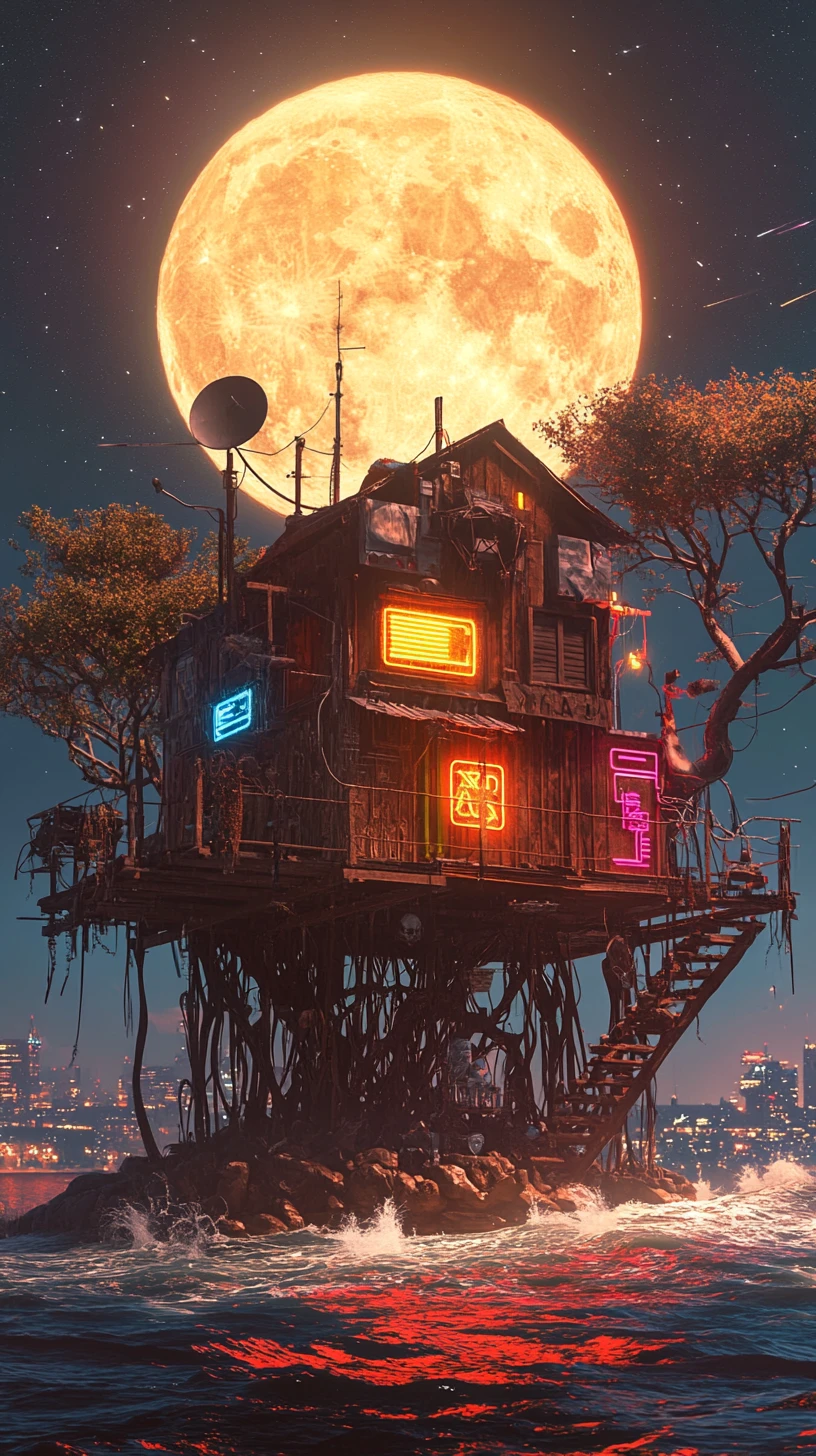 Neon lit shanty house on rocky island under giant moon