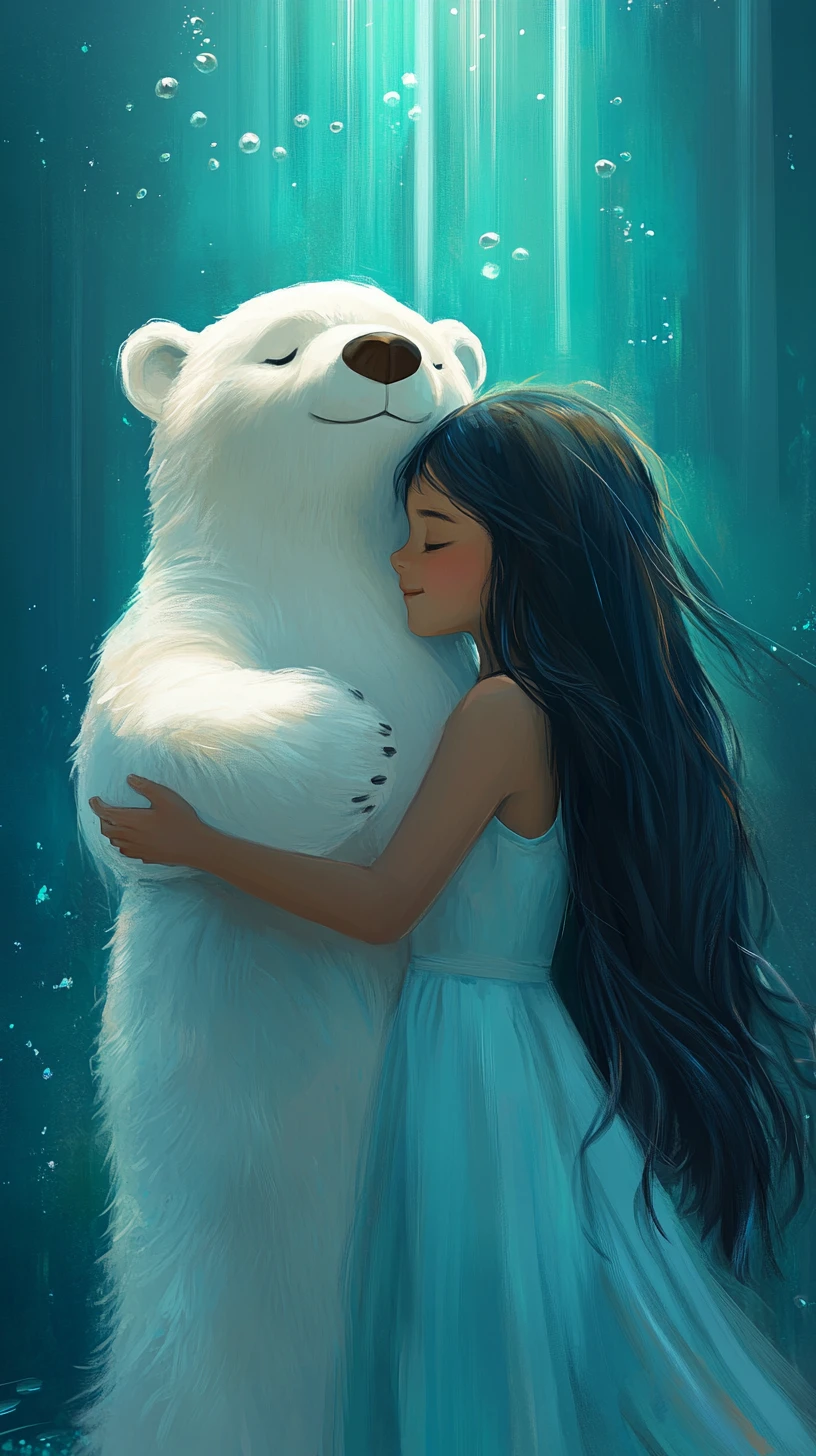 Ragazza che abbraccia un orso polare di peluche in una scena subacquea luminosa
