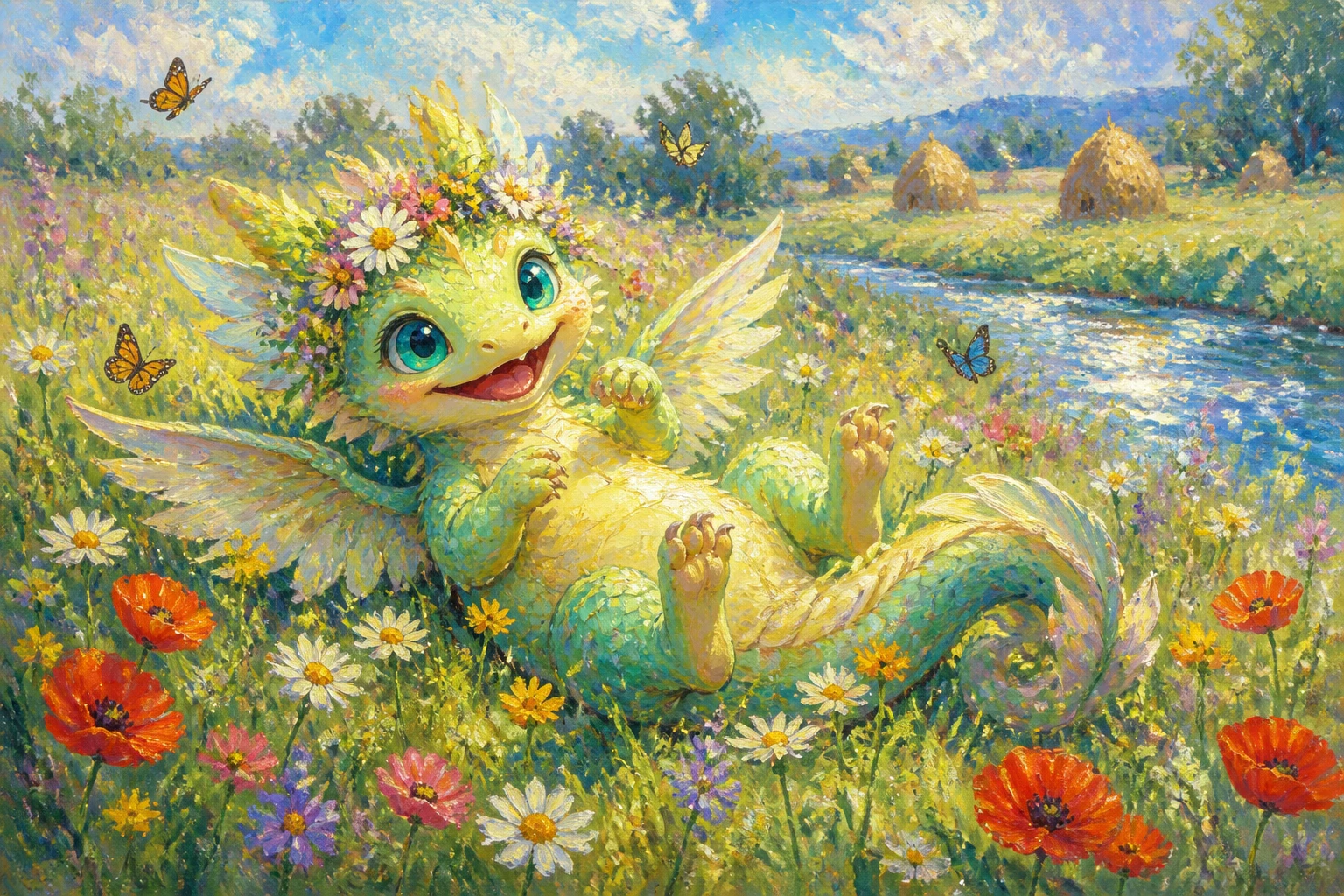 Cute chibi dragon playing in a sunny flower meadow