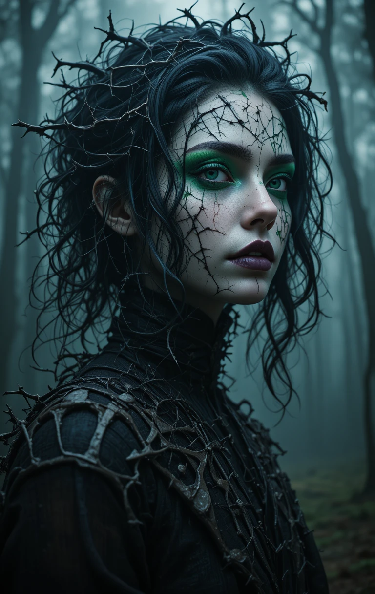 Gothic woman with thorns in a foggy forest portrait