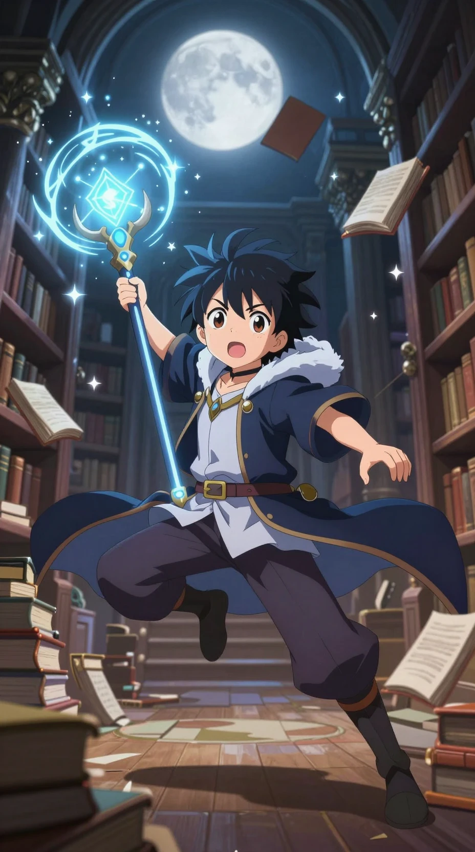 月光古老圖書館中的年輕魔法師召喚星座巨龍