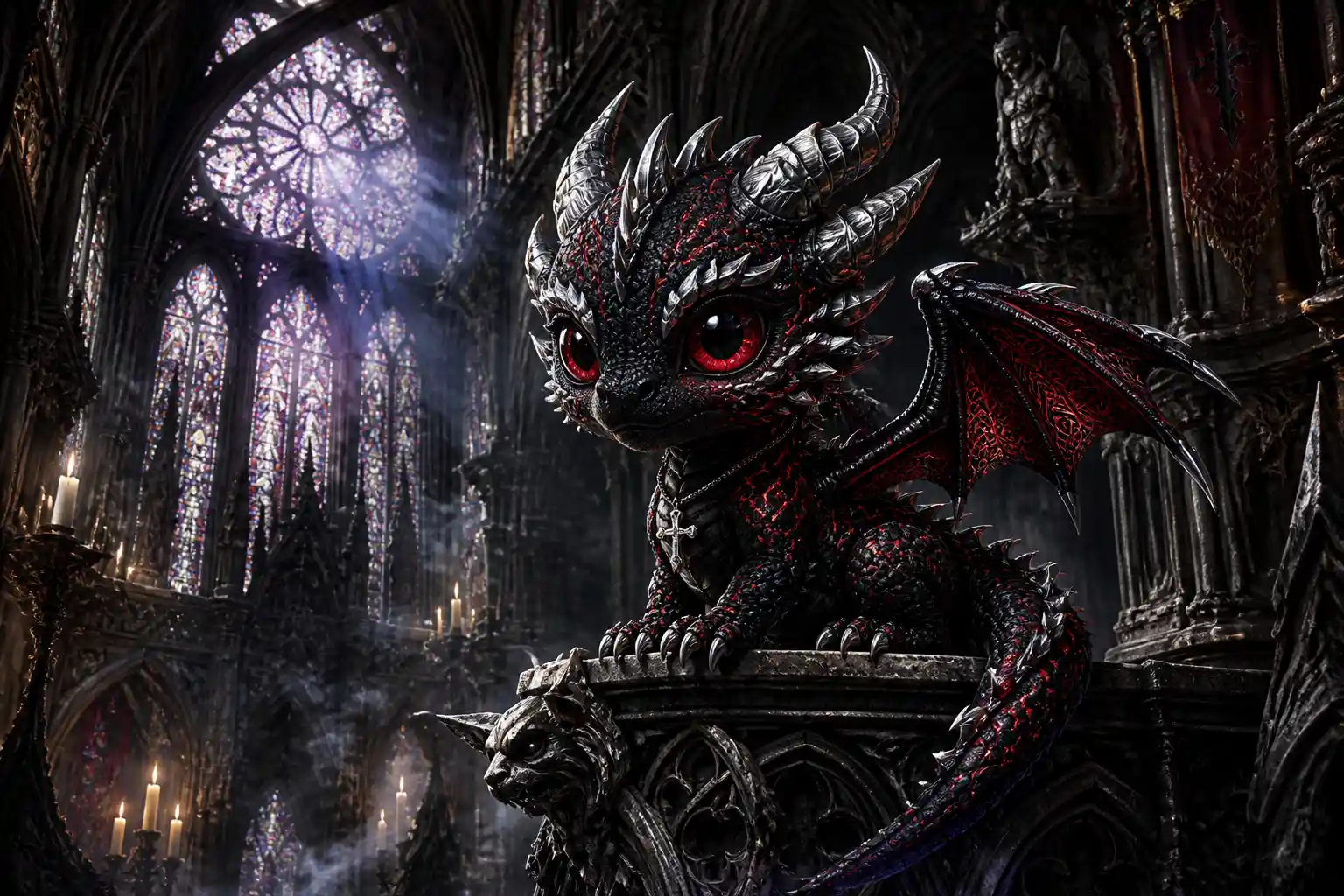 Chibi black dragon on gothic cathedral gargoyle ledge