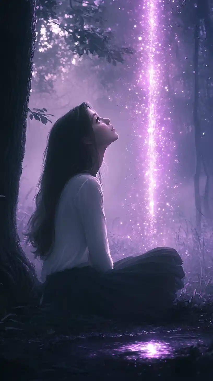 Girl in a misty forest gazing at radiant magical light
