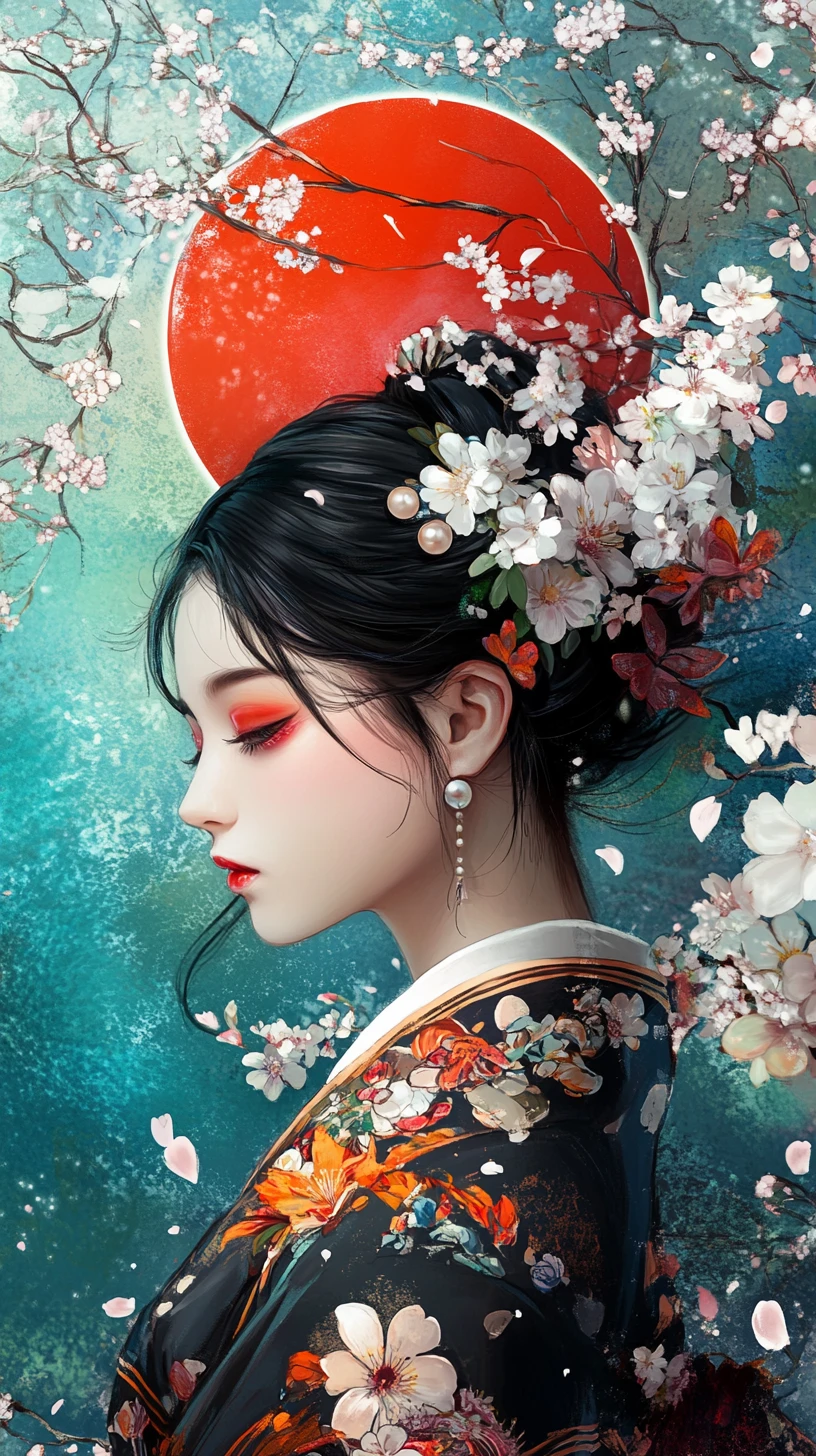 Elegant woman in floral kimono amid drifting cherry blossoms