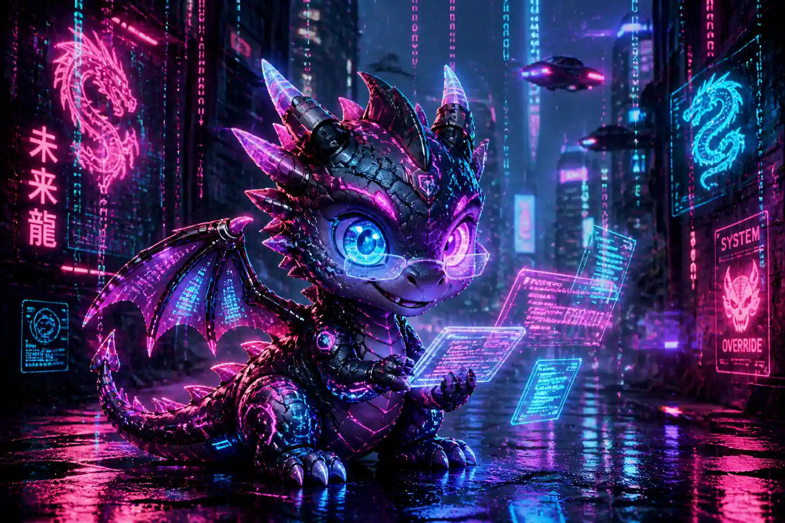Cute cyberpunk dragon in neon lit rainy alley