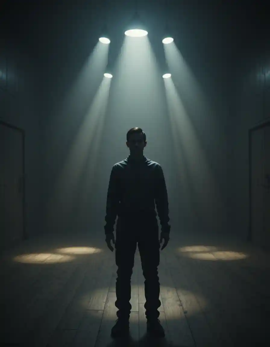 Lone figure in dim room staring directly at viewer