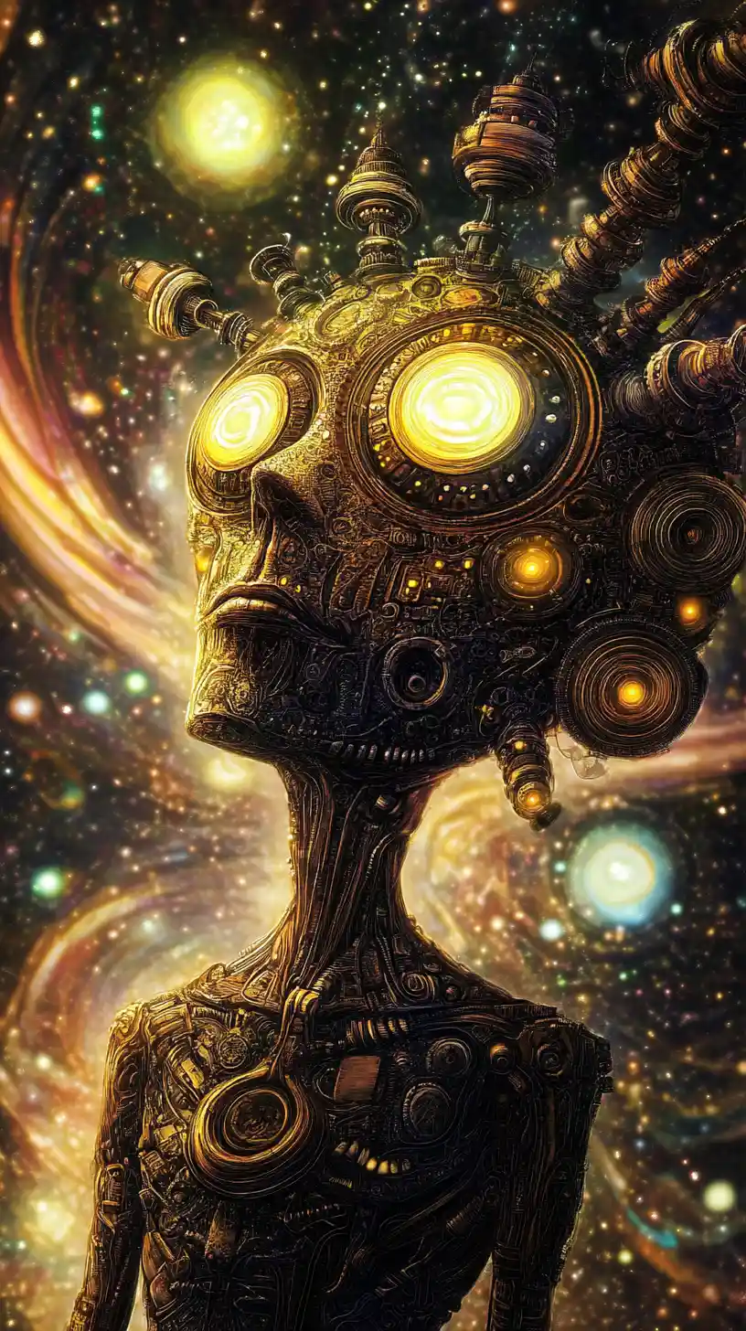 Twisted steampunk humanoid amid fluorescent cosmic vortex
