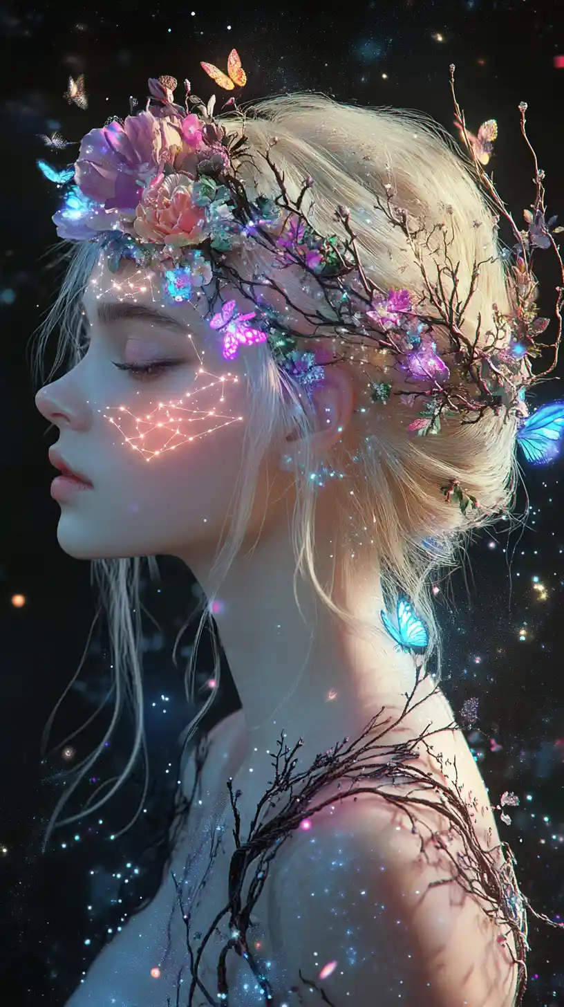 Ethereal crowned woman in a glowing cosmic night portrait