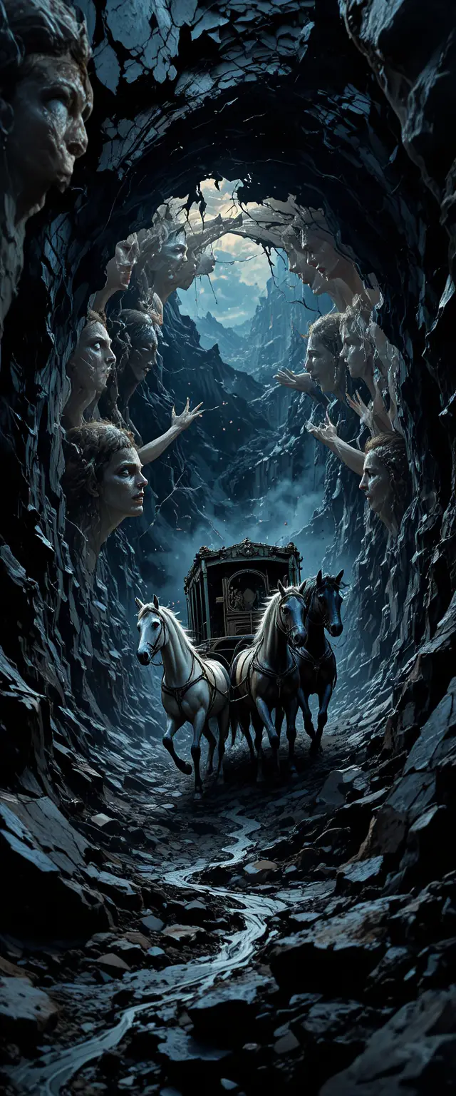 Carruaje de caballos surrealista corriendo por un vacío negro fracturado