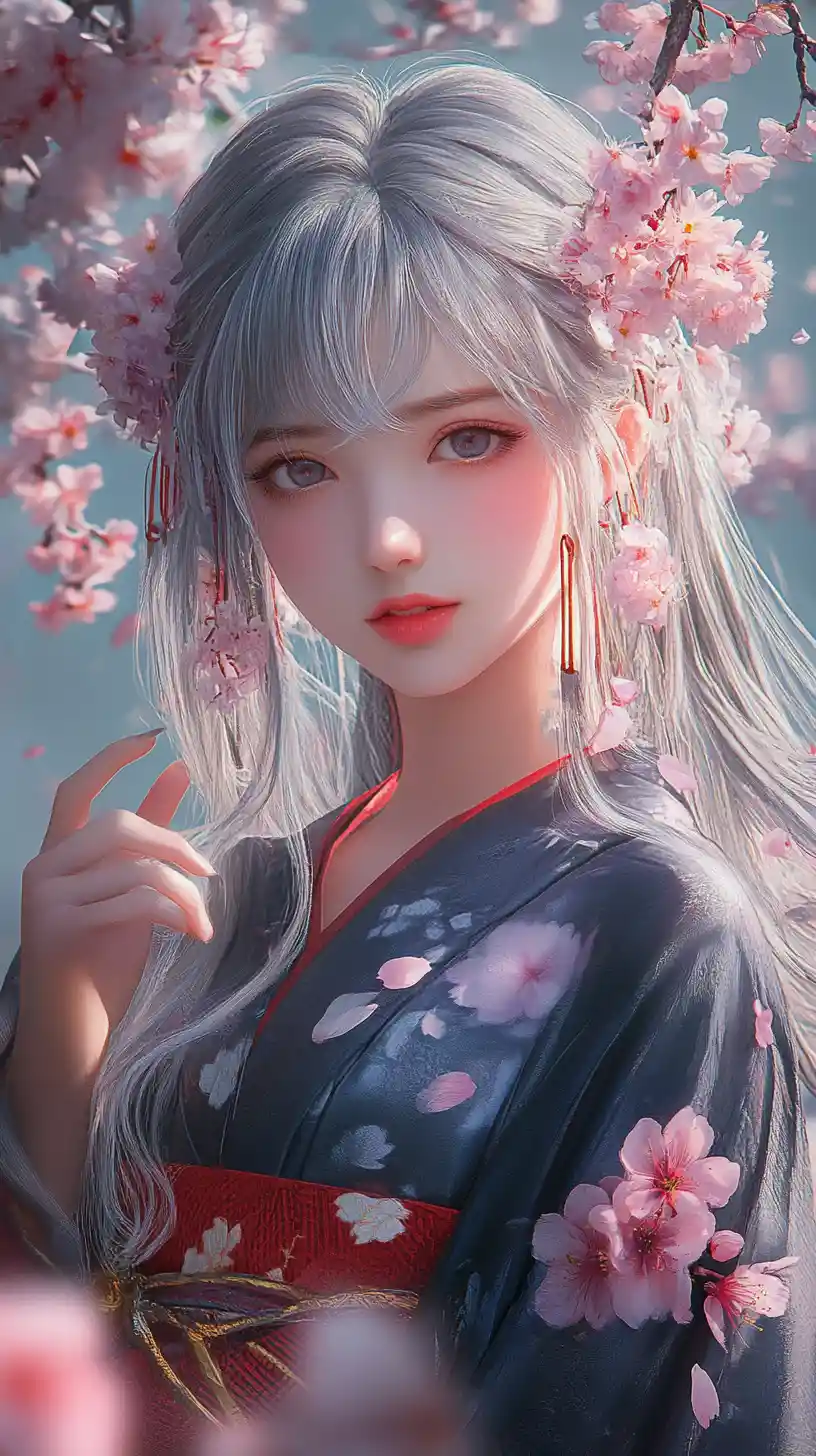 Silver haired anime girl in floral kimono under cherry blossoms
