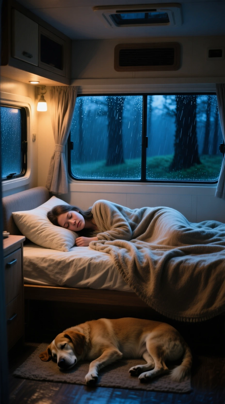 雨の夜のキャンピングカーで眠る女性と犬