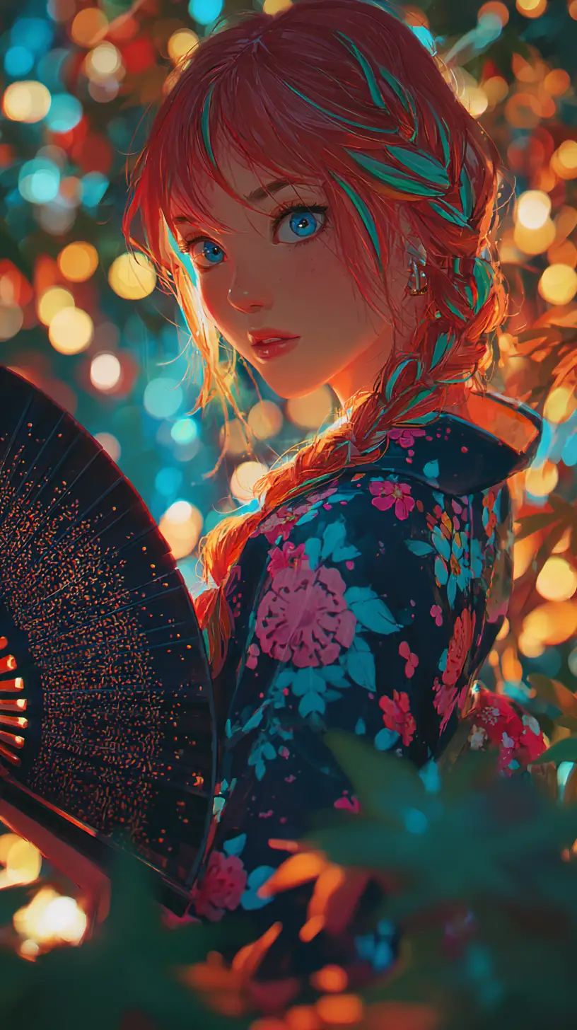 Anime girl in floral kimono with fan in glowing garden