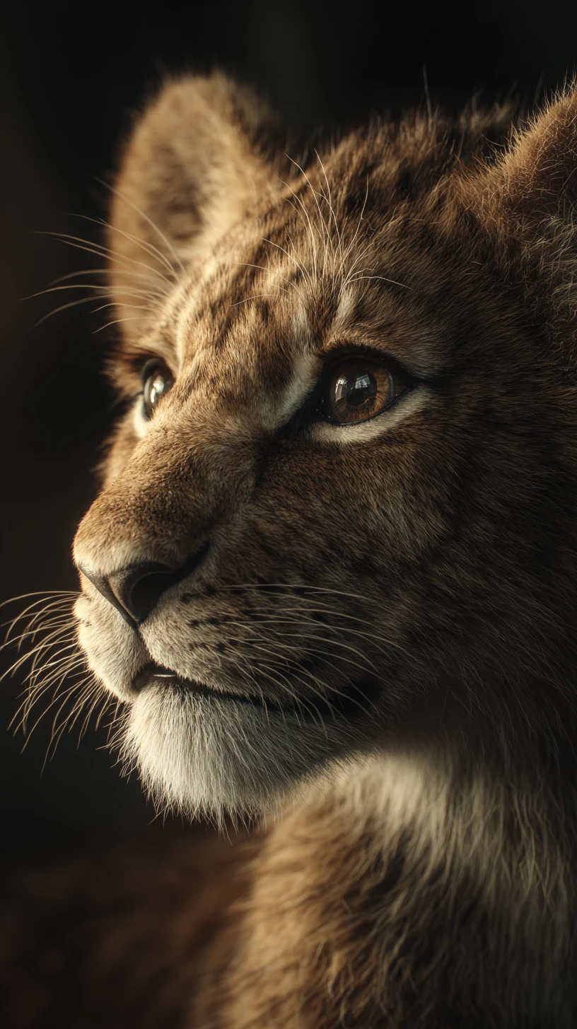 Cinematic close up of a lion cub in dramatic light