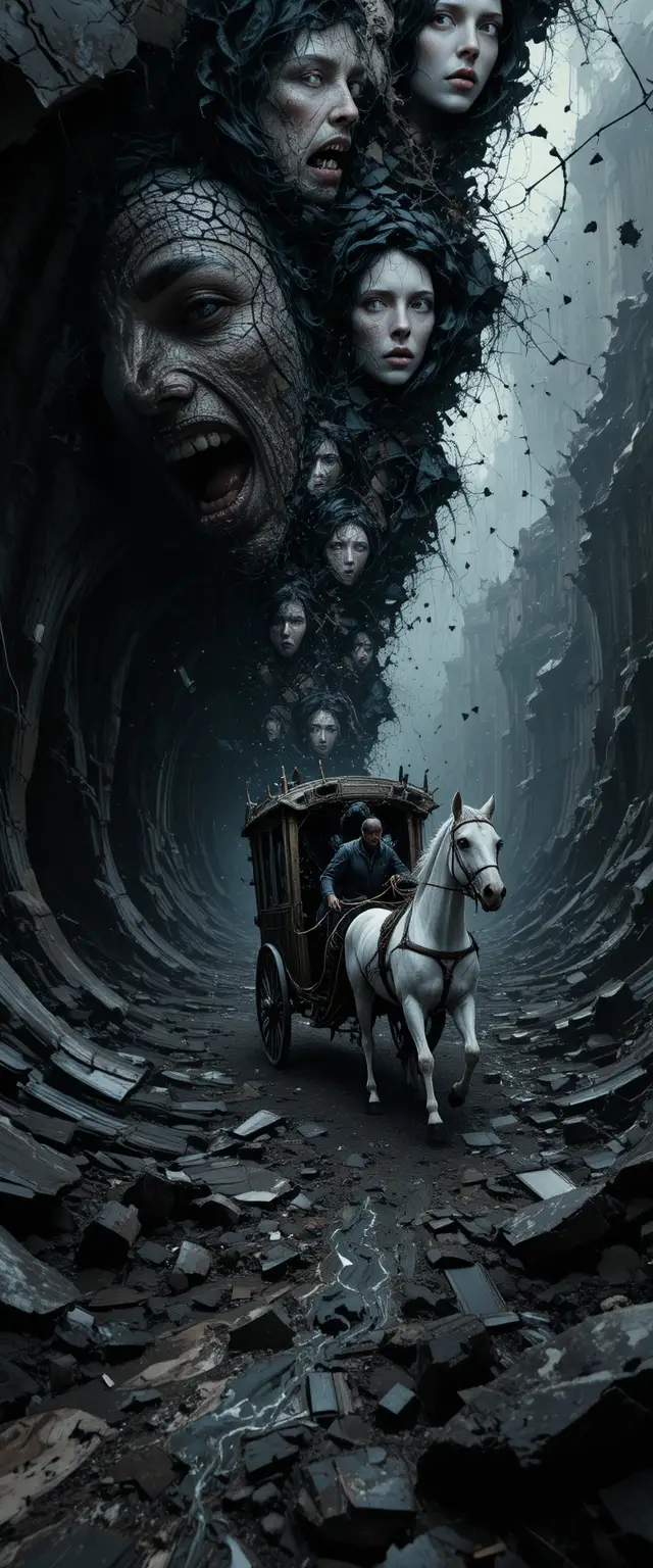 Carruaje de caballos surreal corriendo por un vacío abstracto negro