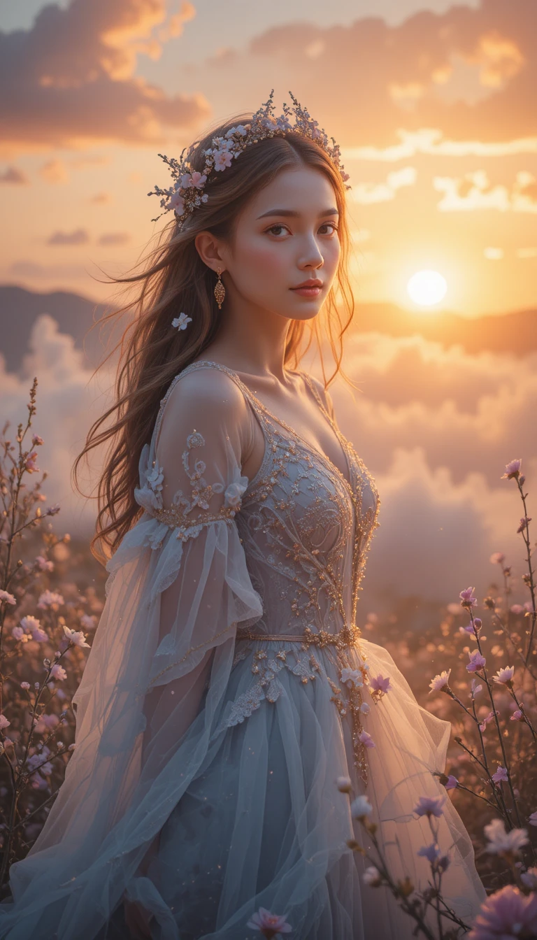 Ätherische Maid in einer goldenen Sonnenuntergangs-Traumlandschaft