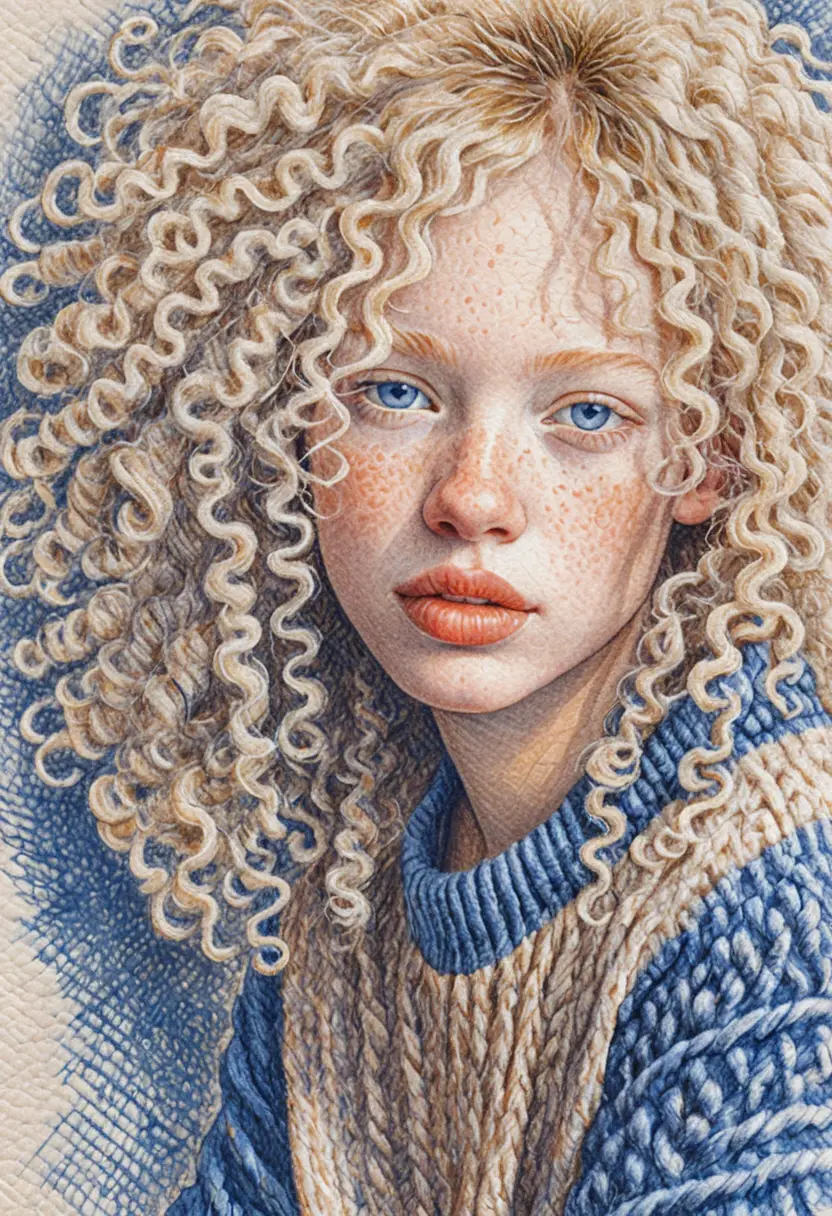 Albino girl portrait in blue pen with freckles and curls