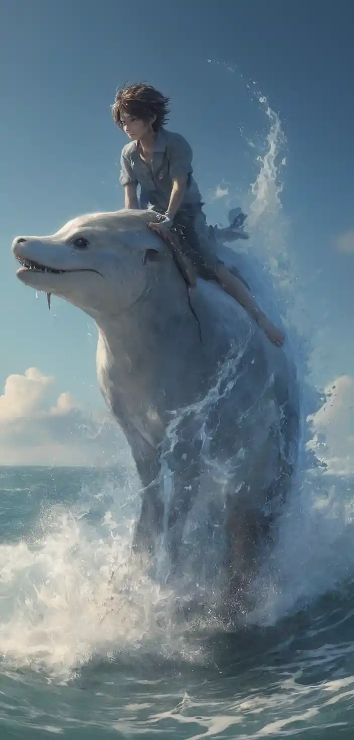 Anime-Meeresjunge reitet einen mystischen Delfin über tosenden Wellen