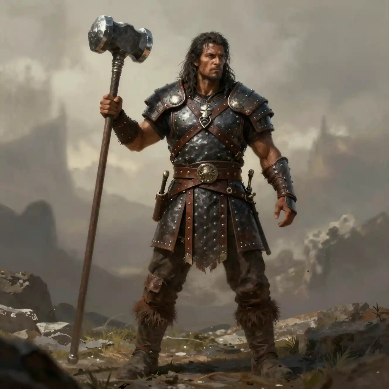 Dark skinned fantasy fighter in leather armor with maul