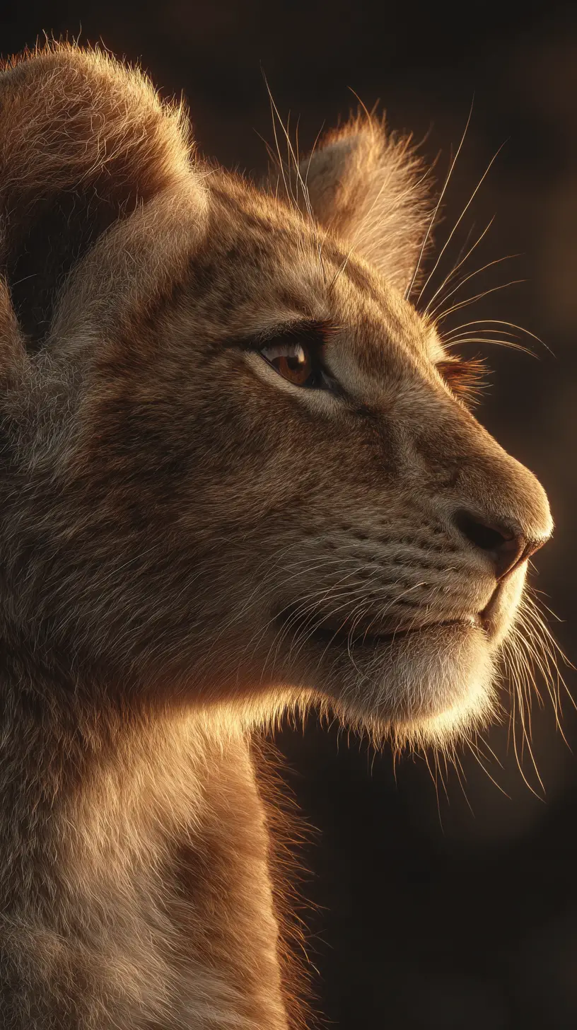 Cinematic close up of a lion cub in dramatic light