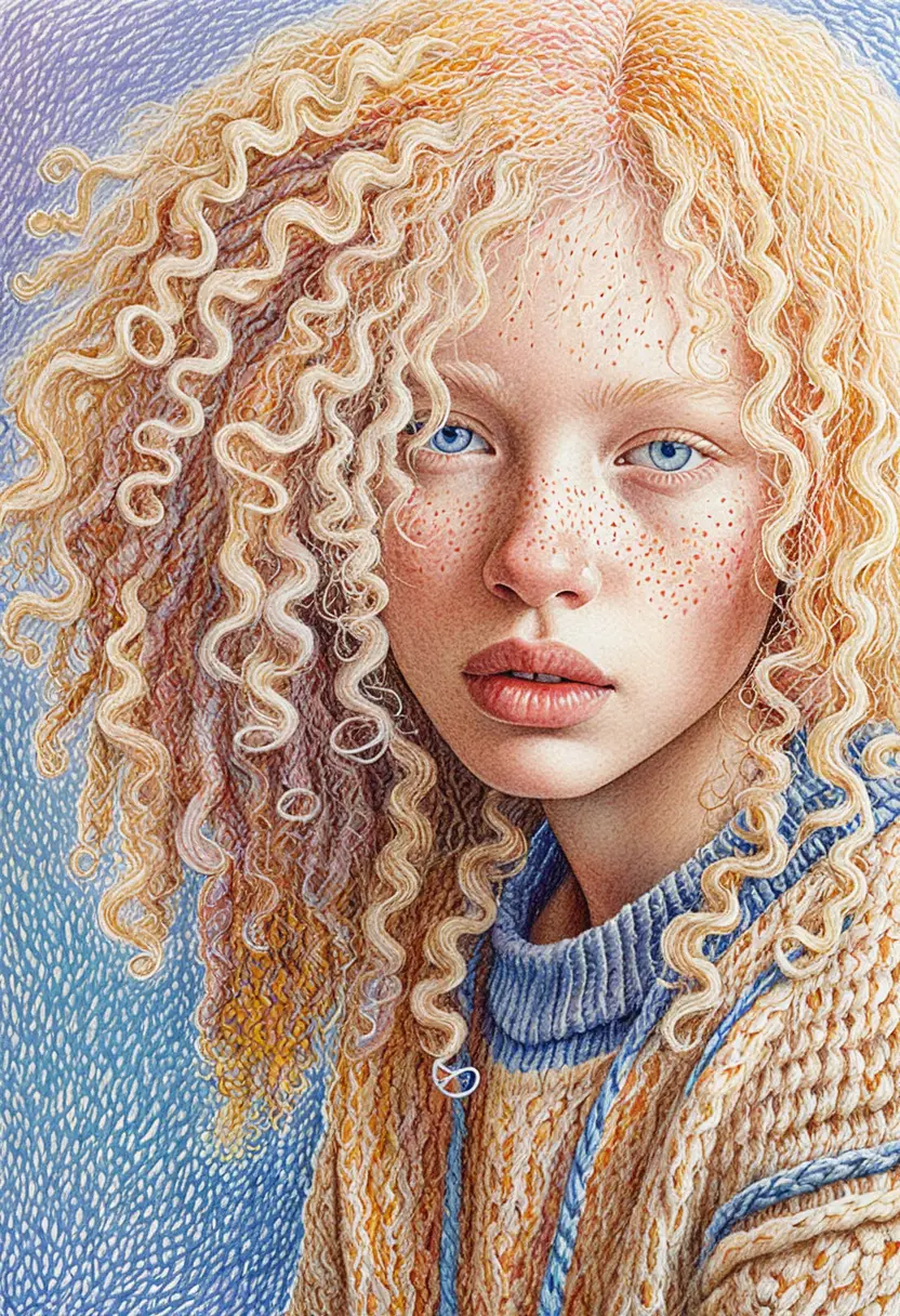 Blue pen portrait of albino girl with freckles and curls