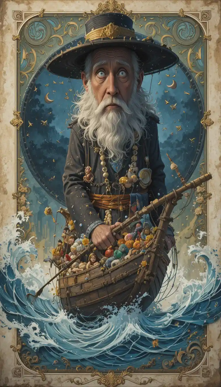 Vecchio pescatore in mare aperto in attesa della preda