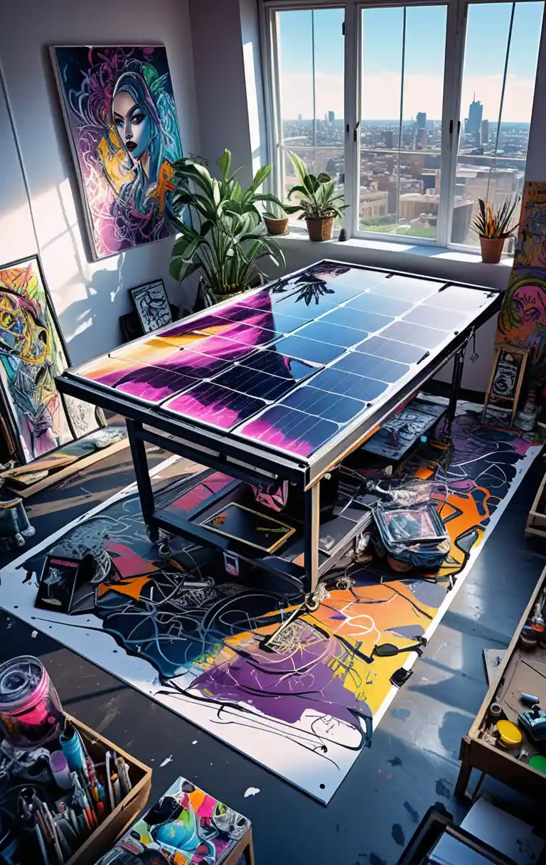 Moody loft artist studio with central canvas and supplies