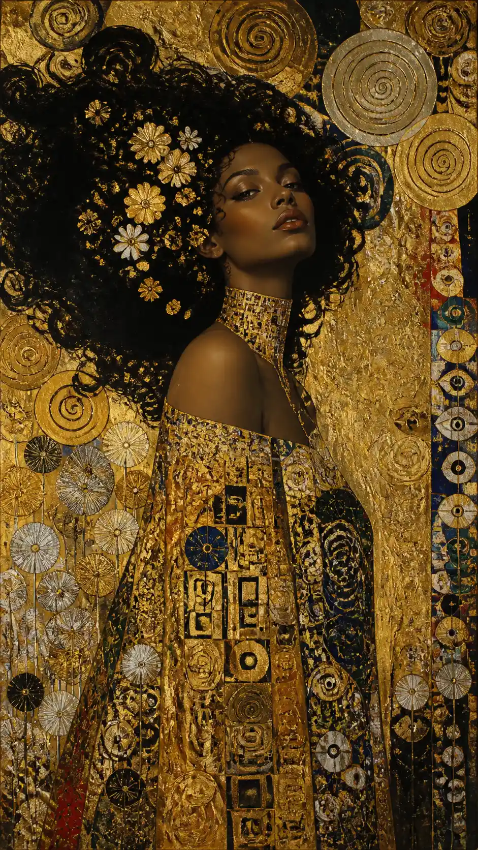 Dark skinned woman with flowing hair and golden floral aura