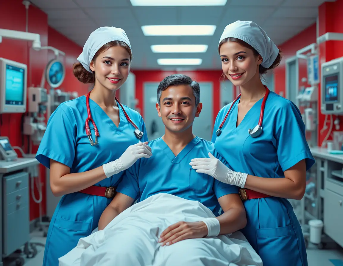 Caring nurses with patient in modern hospital room