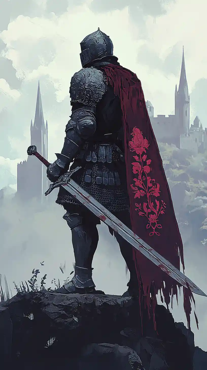 Lone medieval knight overlooking distant gothic castle spires