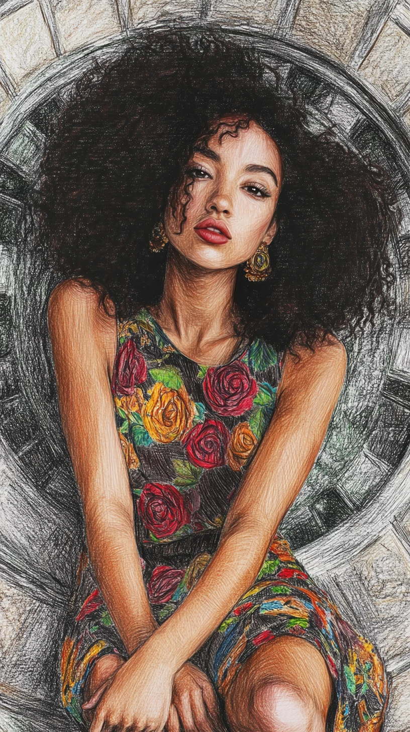 Young black woman on stone fountain in colored pencil