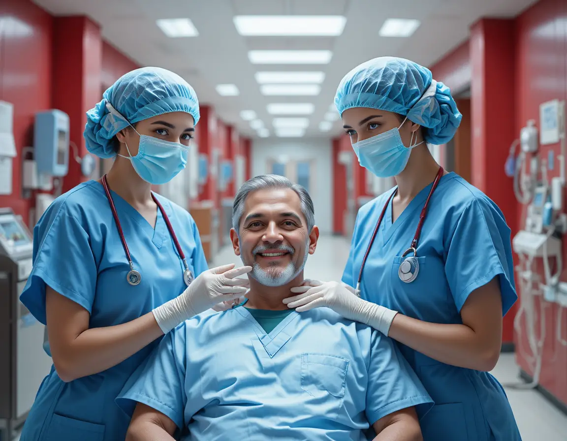 Caring nurses comforting a male patient in modern hospital