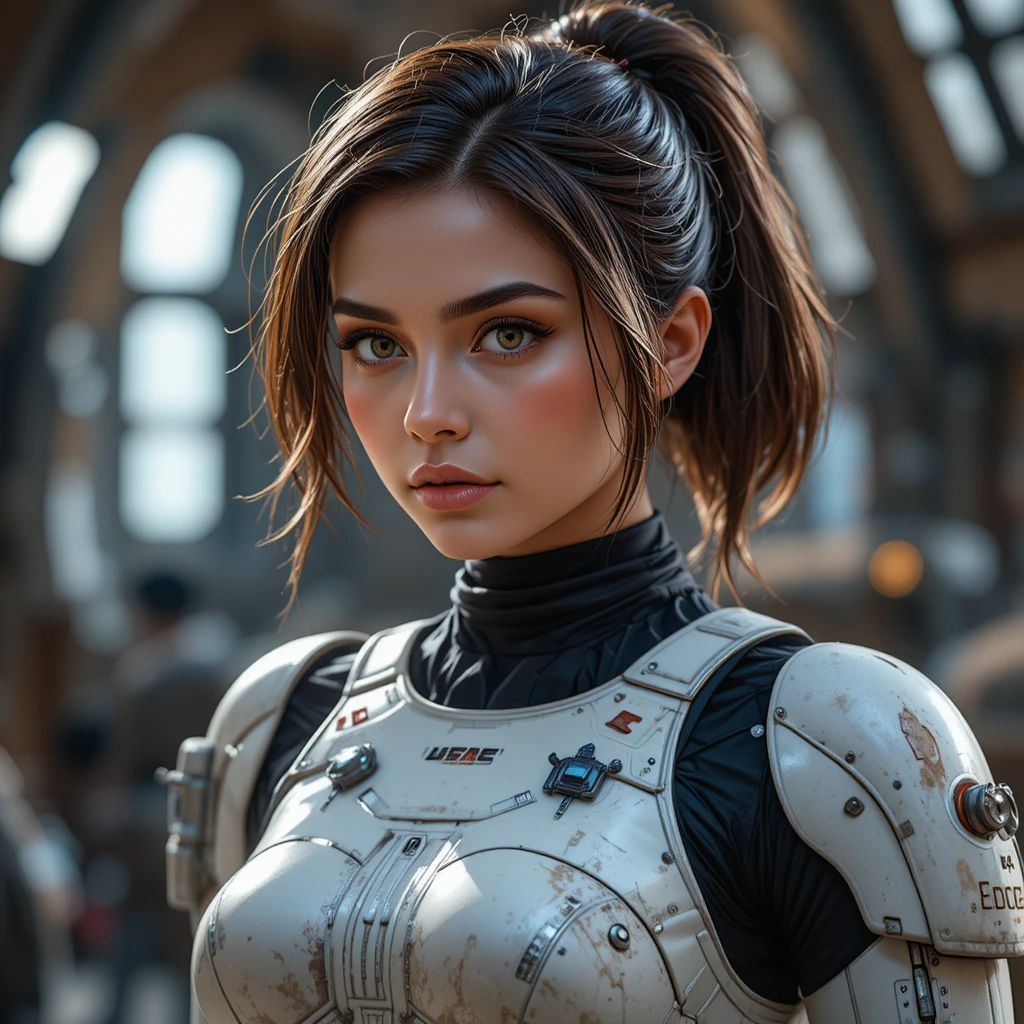 Starke weibliche Star-Wars-Sturmtrupplerin in einer Sci-Fi-Welt