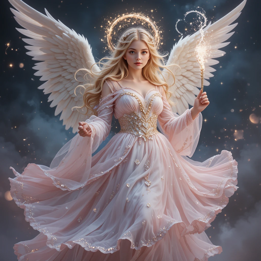 Angel girl in white and pink dress descending to earth