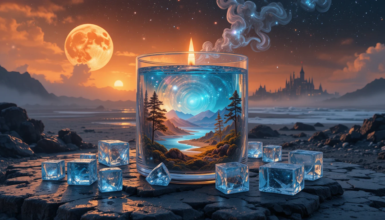 Surreal candle holding a cosmic landscape on stone