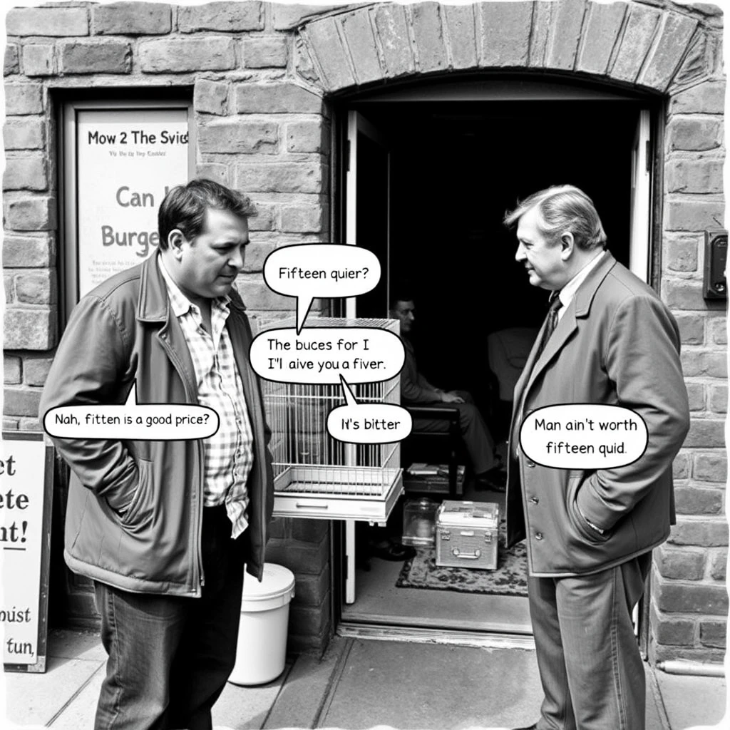 Two men haggling over the price of a budgie cage