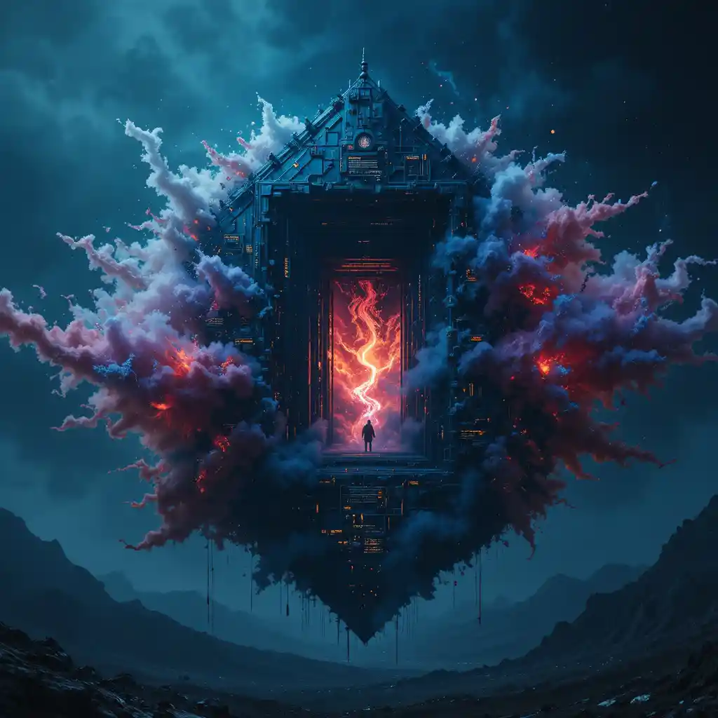 Surreal macro view of a sentient geometric nexus gate