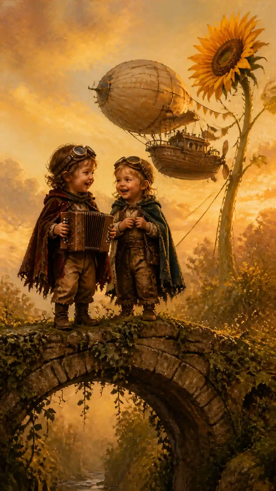 Two toddler explorers on a mossy bridge at sunset