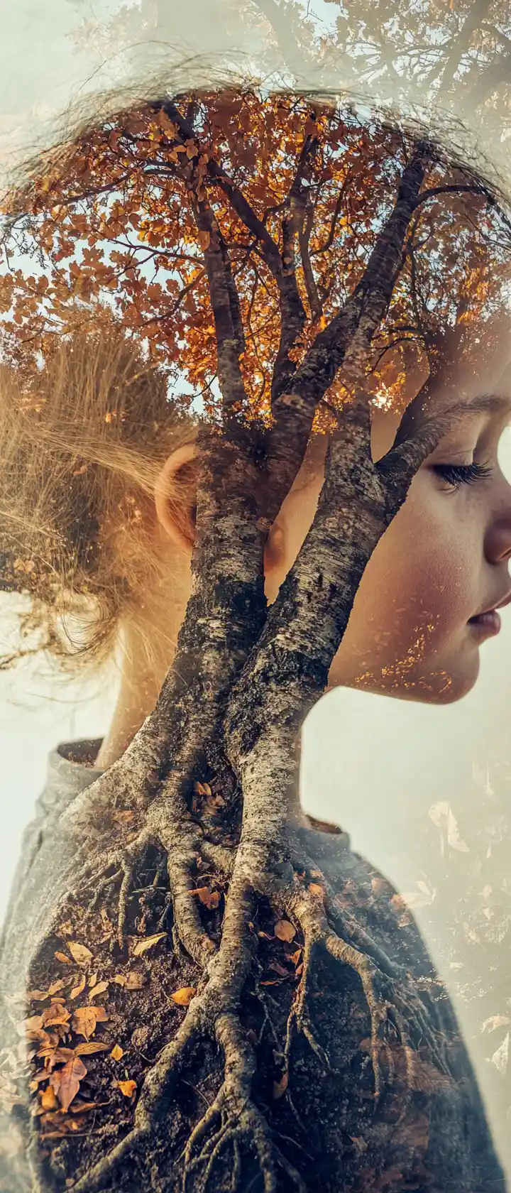 Double exposure portrait of children with autumn forest silhouettes