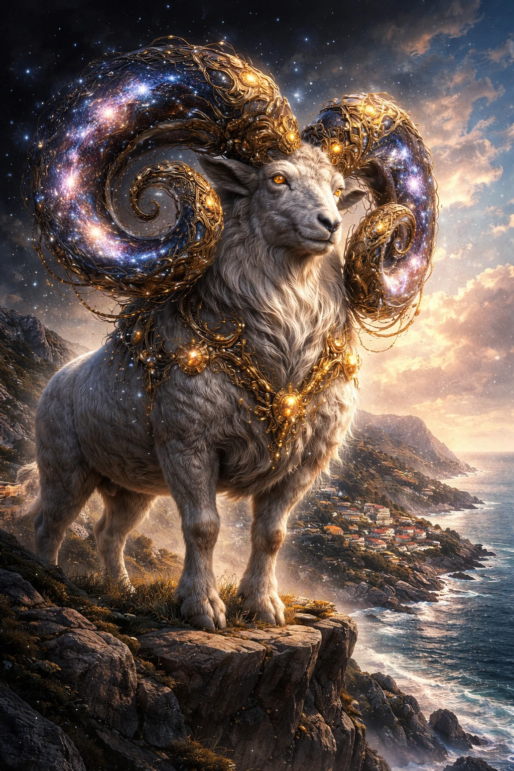 Majestic cosmic ram overlooking a quiet coastal village