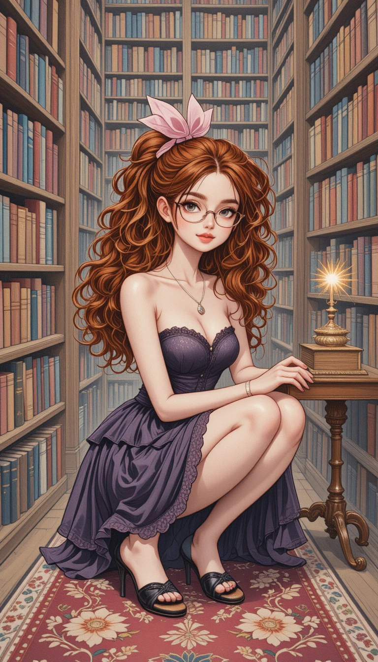 Anime girl in a cozy library with a glowing book