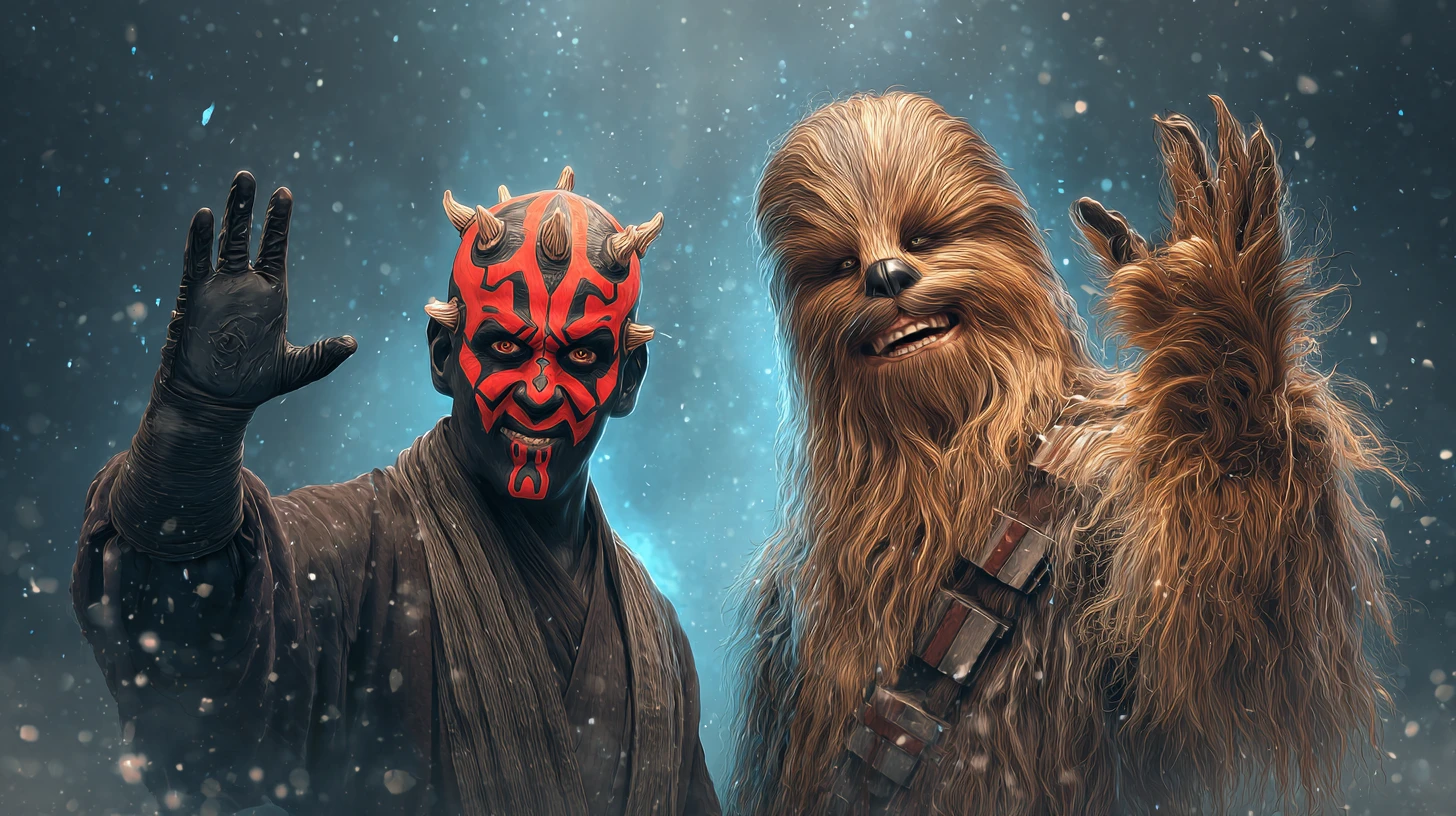 Two iconic sci fi characters waving in festive celebration