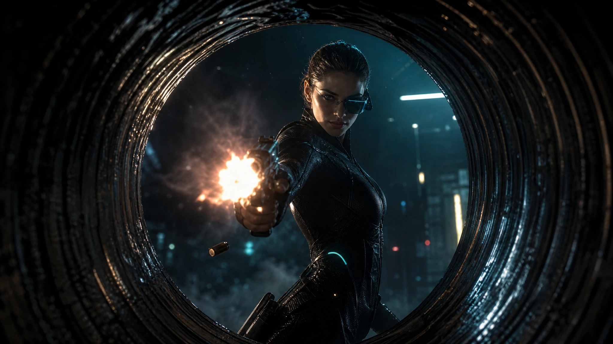 Femme fatale spy firing from inside a gun barrel