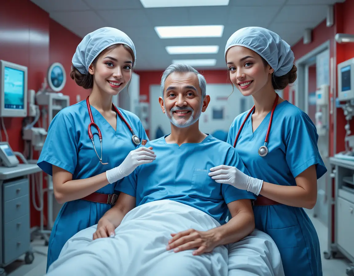 Caring nurses comforting a male patient in hospital room