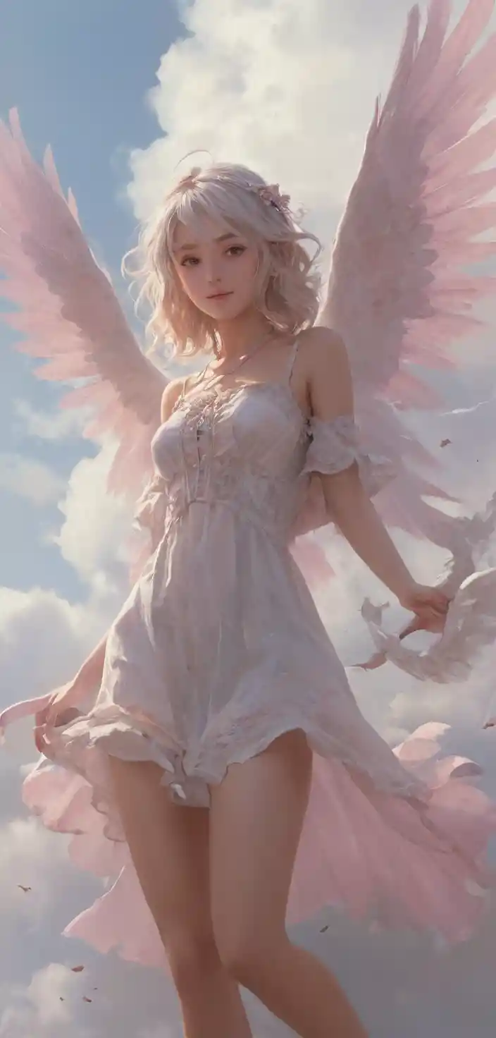 Fantasy girl with cloud wings in a dynamic neon sky