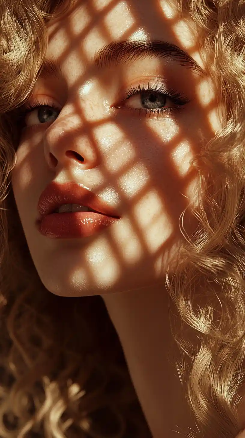 Young blonde woman in dramatic patterned sunlight portrait