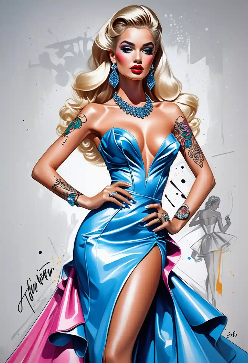 Haute couture prom dress fashion illustration with neon colors