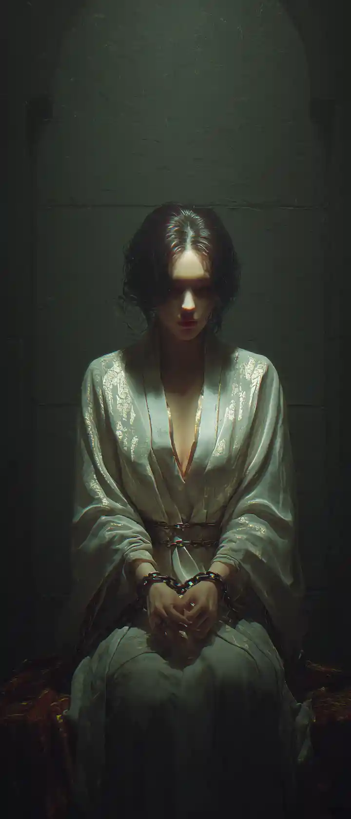 Chained royal maiden glowing softly in a dark dungeon